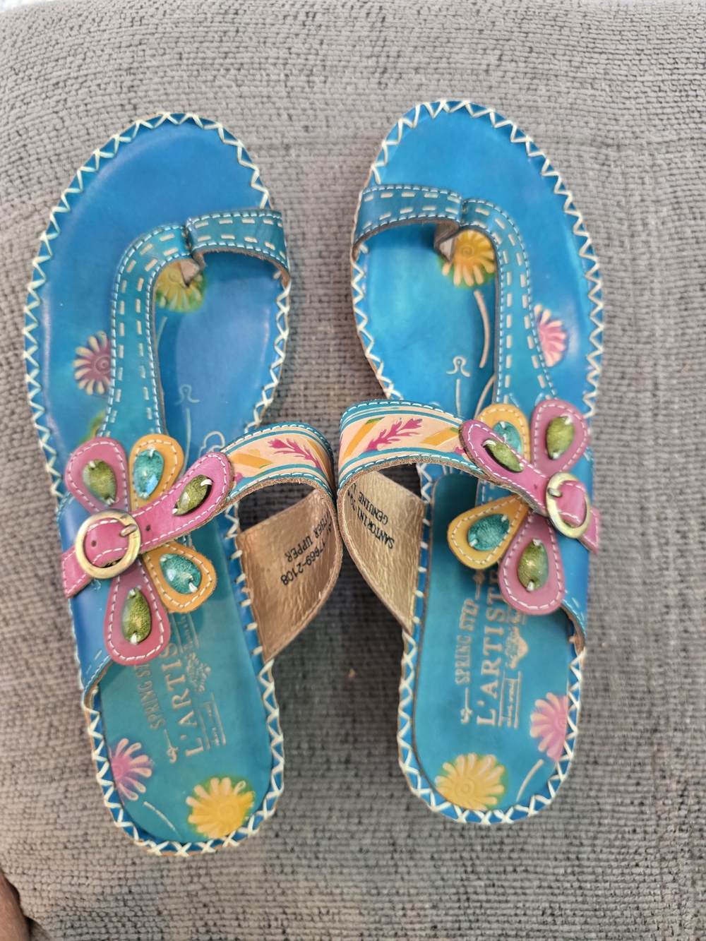 Spring Step L'Artiste Turquoise Floral Leather Slide Sandals